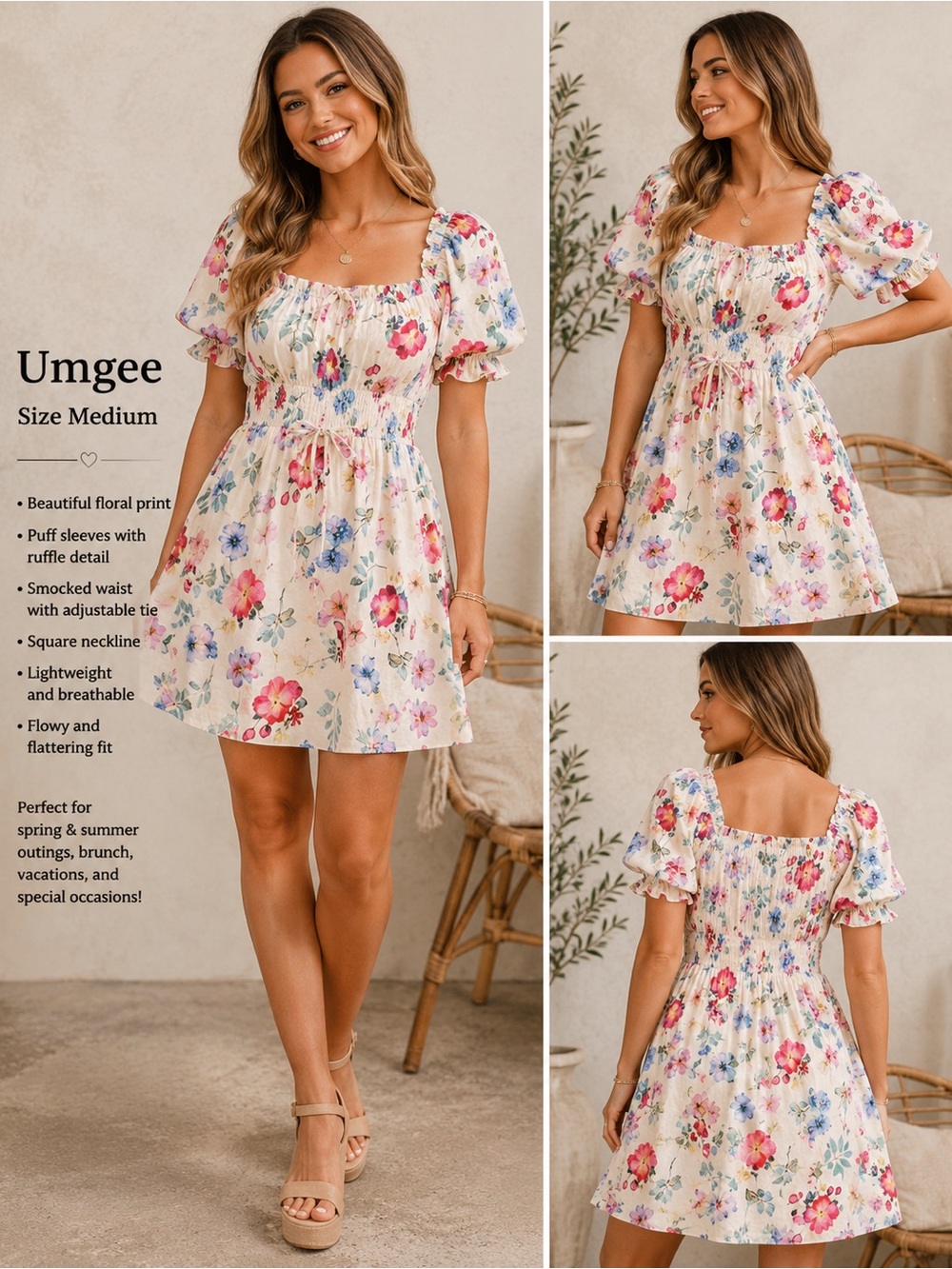 Umgeeโ Cream Floral Puff-Sleeve Smocked Mini Dress